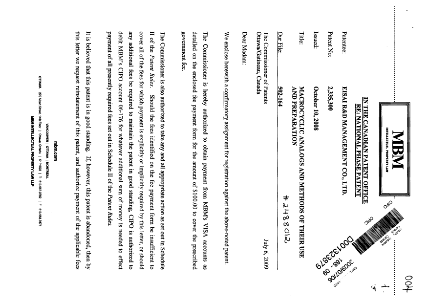 Document de brevet canadien 2335300. Cession 20090706. Image 1 de 6