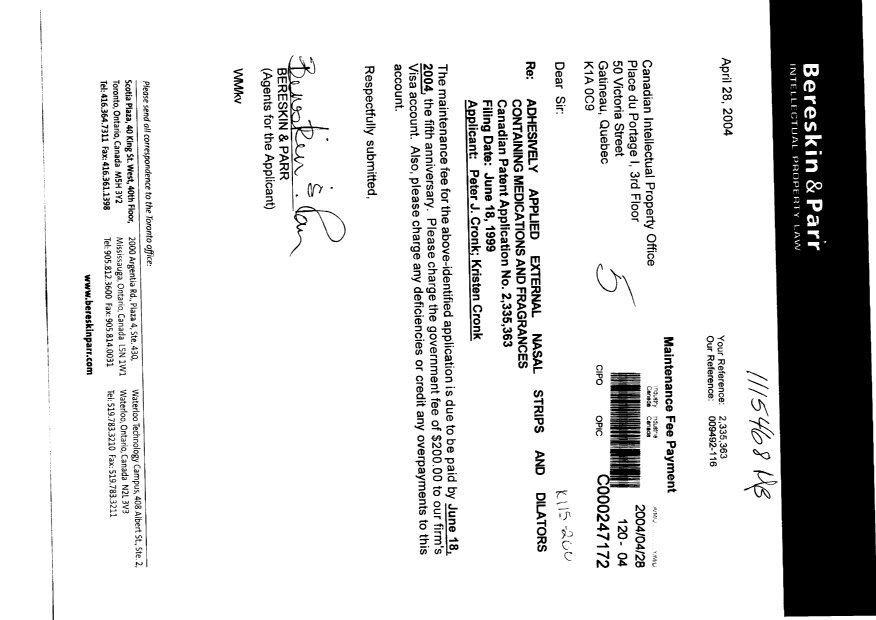 Document de brevet canadien 2335363. Taxes 20040428. Image 1 de 1