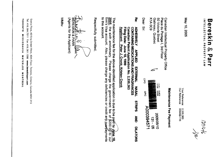 Document de brevet canadien 2335363. Taxes 20050510. Image 1 de 1