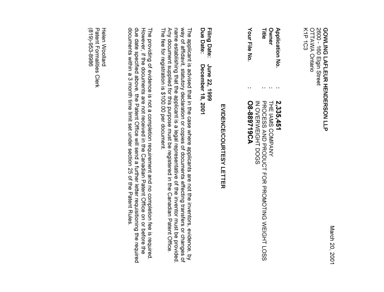 Document de brevet canadien 2335451. Correspondance 20010314. Image 1 de 1
