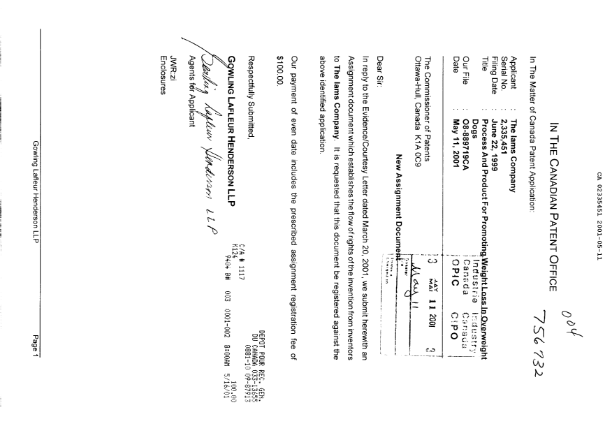 Document de brevet canadien 2335451. Cession 20010511. Image 1 de 3