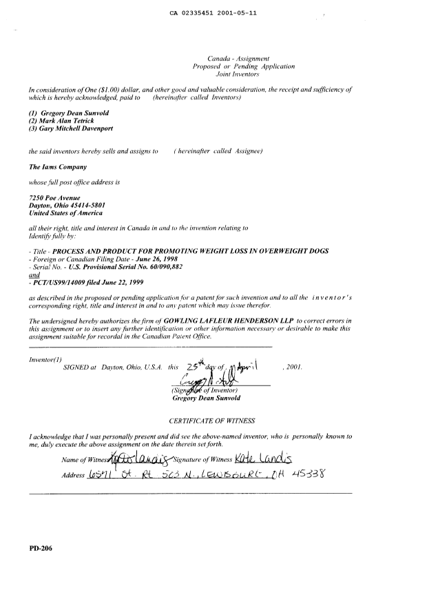 Document de brevet canadien 2335451. Cession 20010511. Image 2 de 3