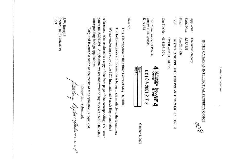 Document de brevet canadien 2335451. Poursuite-Amendment 20011004. Image 1 de 1