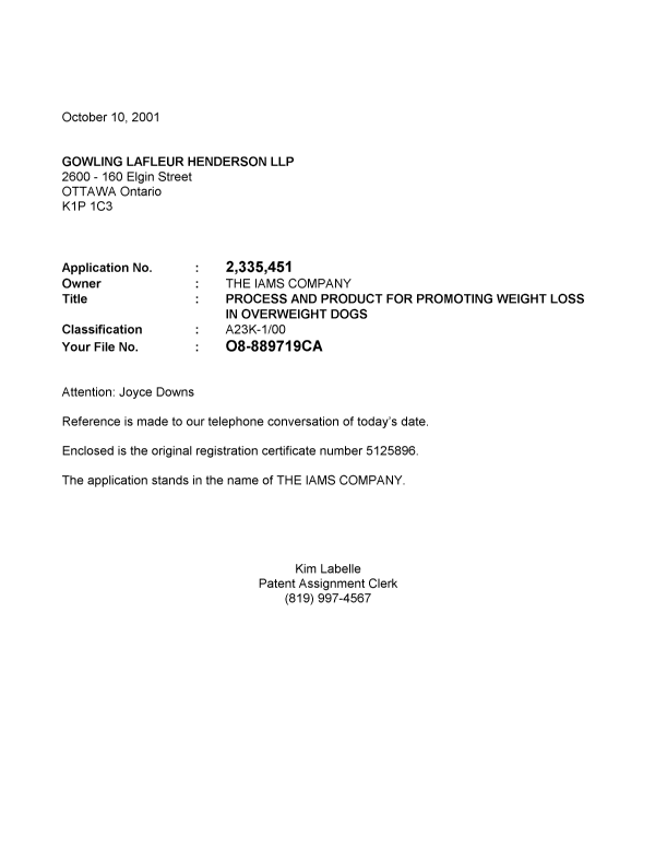 Document de brevet canadien 2335451. Correspondance 20011010. Image 1 de 1