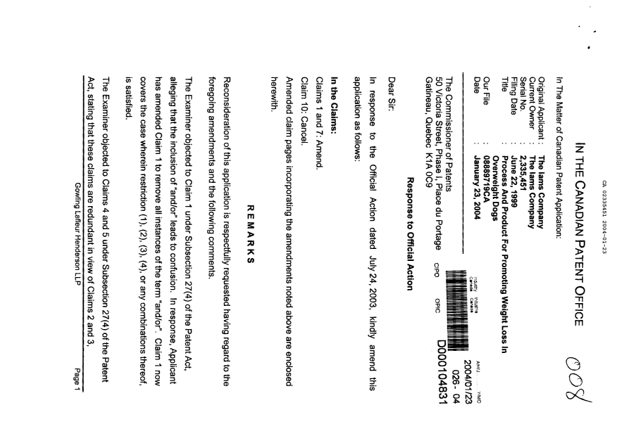 Document de brevet canadien 2335451. Poursuite-Amendment 20040123. Image 1 de 4