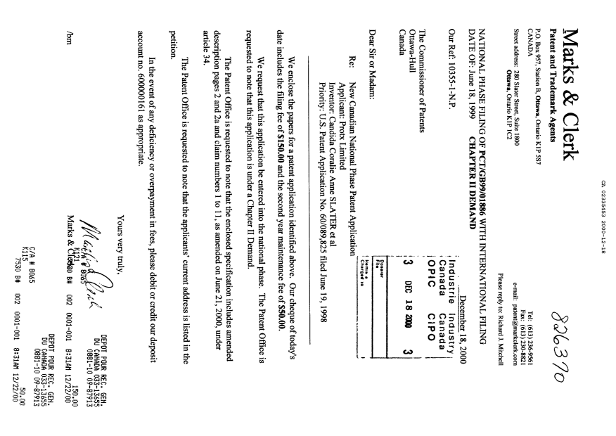 Document de brevet canadien 2335453. Cession 20001218. Image 1 de 2