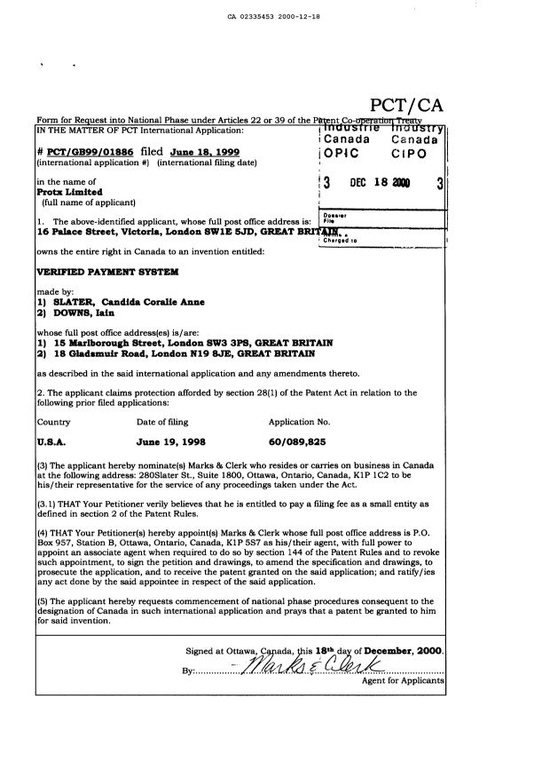 Document de brevet canadien 2335453. Cession 20001218. Image 2 de 2