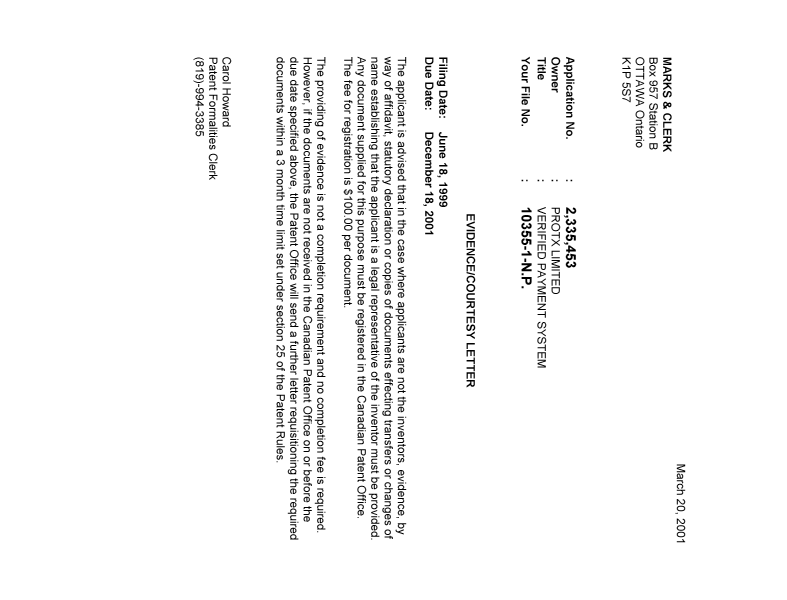 Document de brevet canadien 2335453. Correspondance 20010314. Image 1 de 1