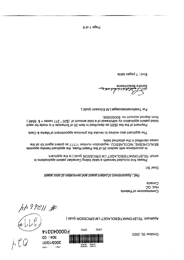 Canadian Patent Document 2335489. Correspondence 20031031. Image 1 of 8