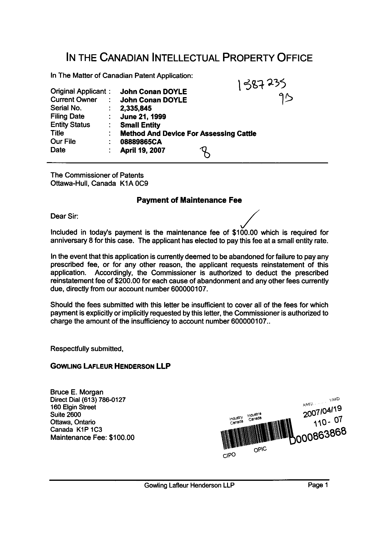 Document de brevet canadien 2335845. Taxes 20070419. Image 1 de 1