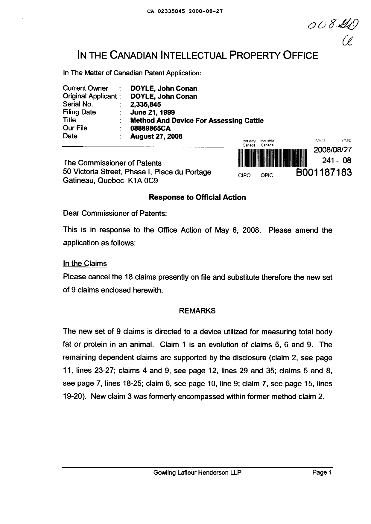 Document de brevet canadien 2335845. Poursuite-Amendment 20080827. Image 1 de 4