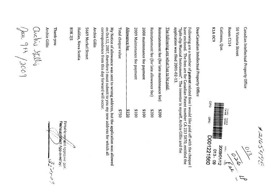 Document de brevet canadien 2335870. Correspondance 20090112. Image 1 de 1