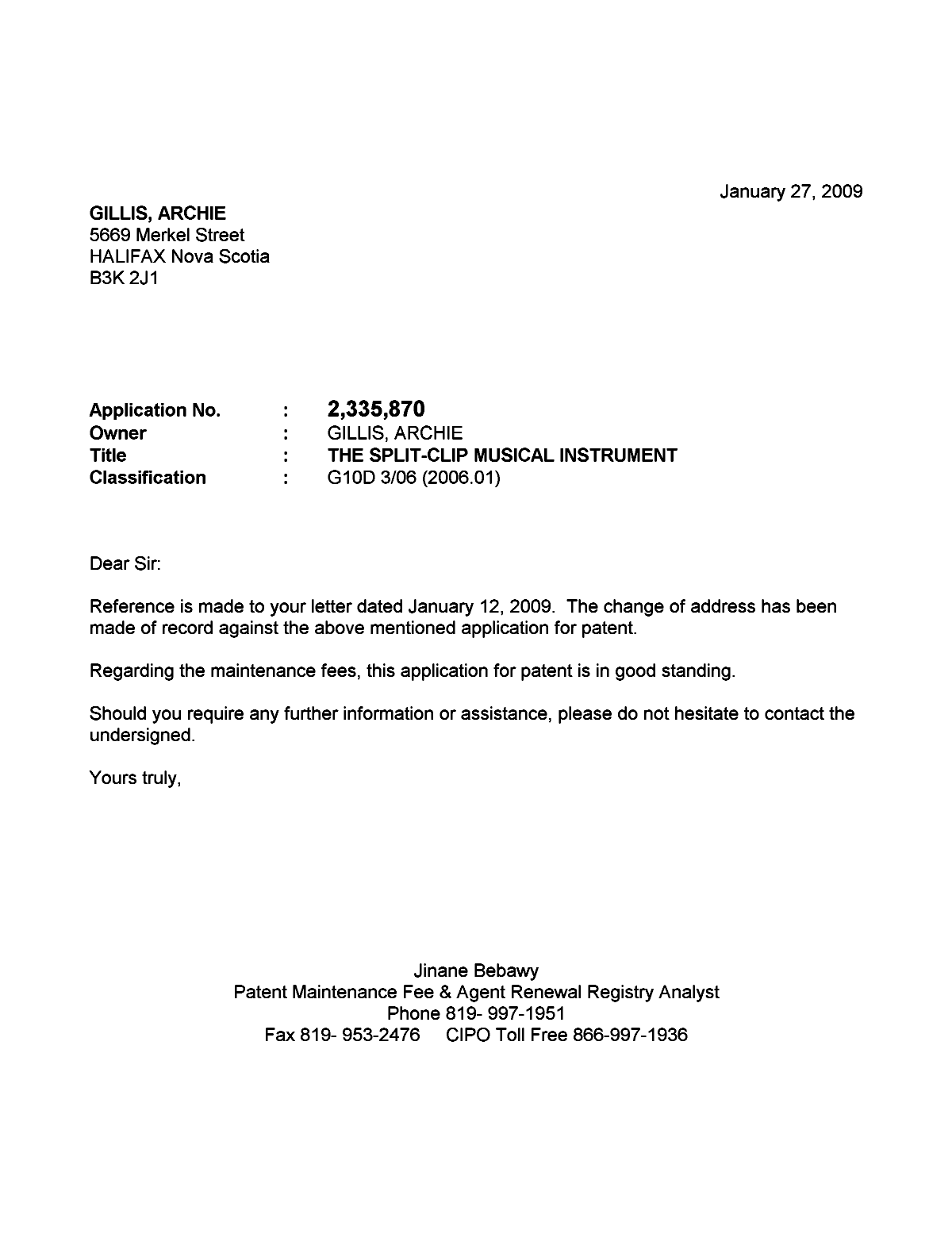 Document de brevet canadien 2335870. Correspondance 20090127. Image 1 de 1