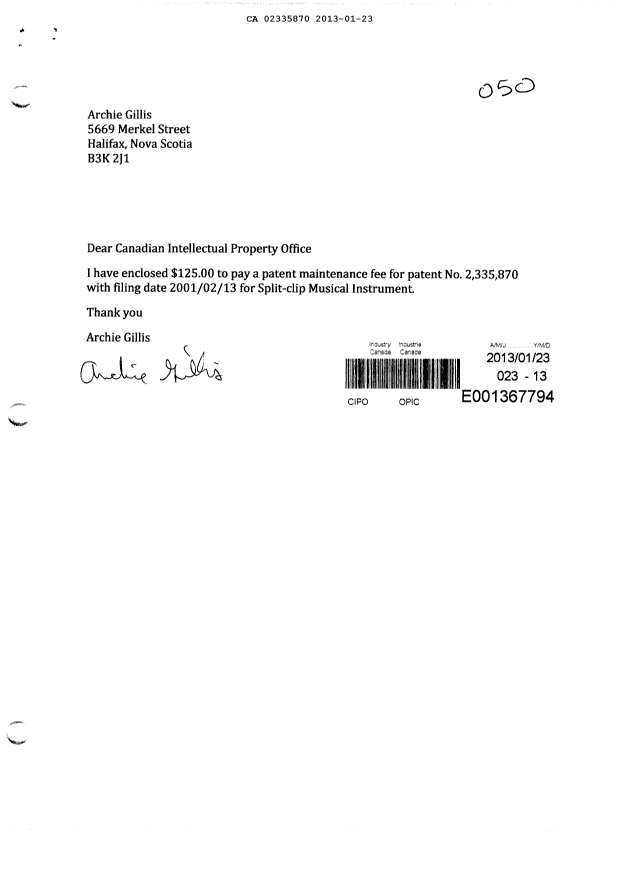 Document de brevet canadien 2335870. Taxes 20130123. Image 2 de 4