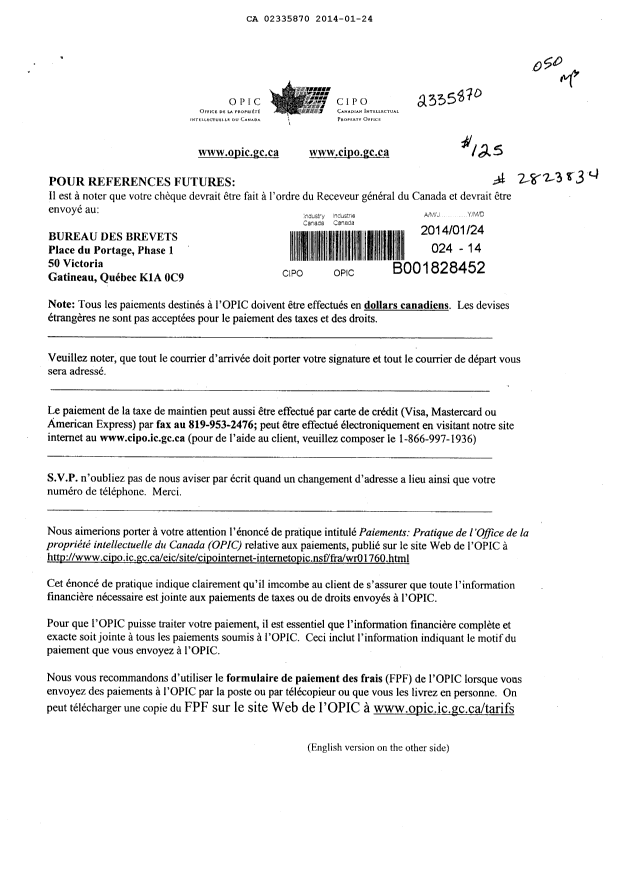 Canadian Patent Document 2335870. Fees 20140124. Image 1 of 3