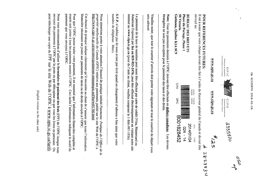 Document de brevet canadien 2335870. Taxes 20140124. Image 1 de 3