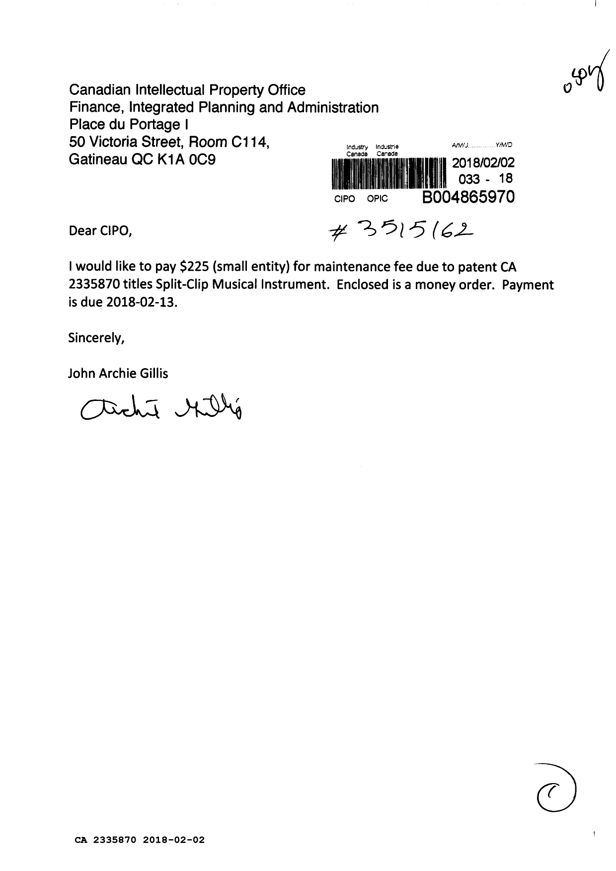 Document de brevet canadien 2335870. Paiement de taxe périodique 20180202. Image 1 de 1