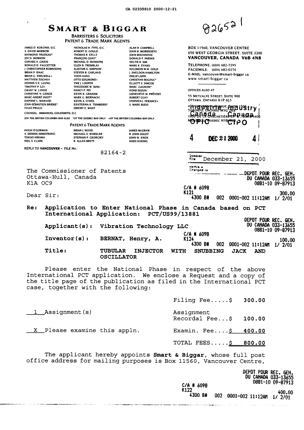 Document de brevet canadien 2335910. Cession 20001221. Image 1 de 5