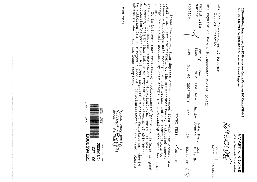 Document de brevet canadien 2335910. Taxes 20060124. Image 1 de 1