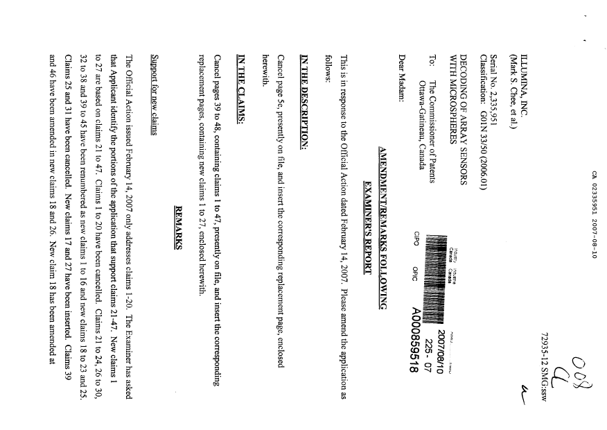 Document de brevet canadien 2335951. Poursuite-Amendment 20070810. Image 1 de 12