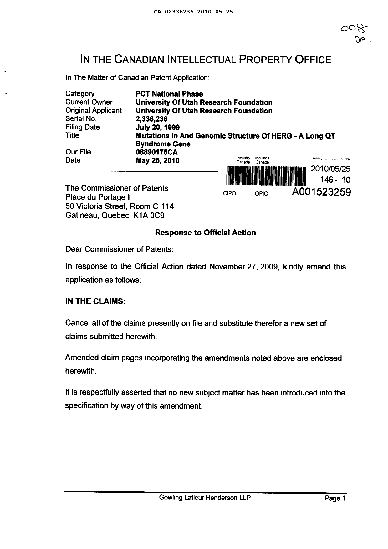 Document de brevet canadien 2336236. Poursuite-Amendment 20091225. Image 1 de 9