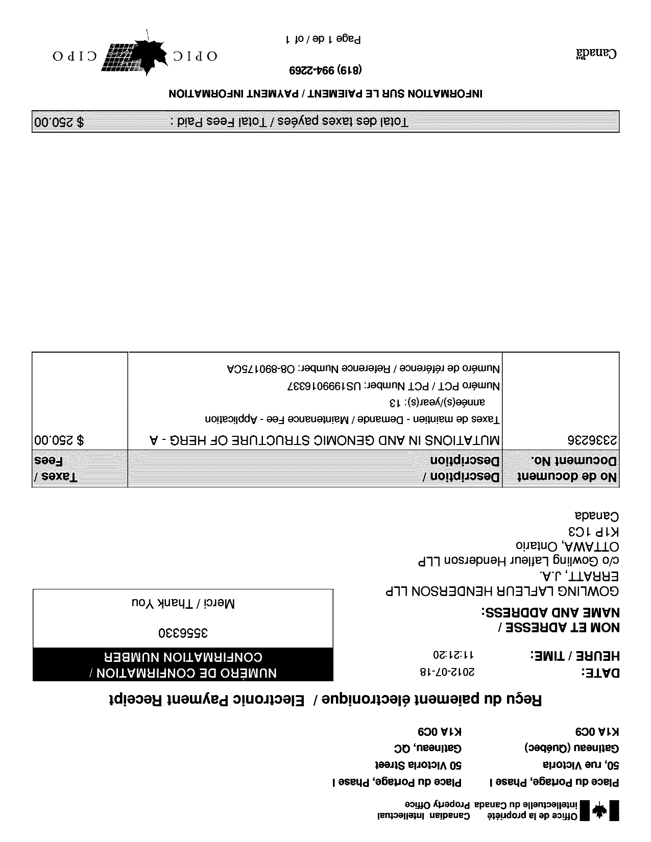 Document de brevet canadien 2336236. Taxes 20111218. Image 1 de 1