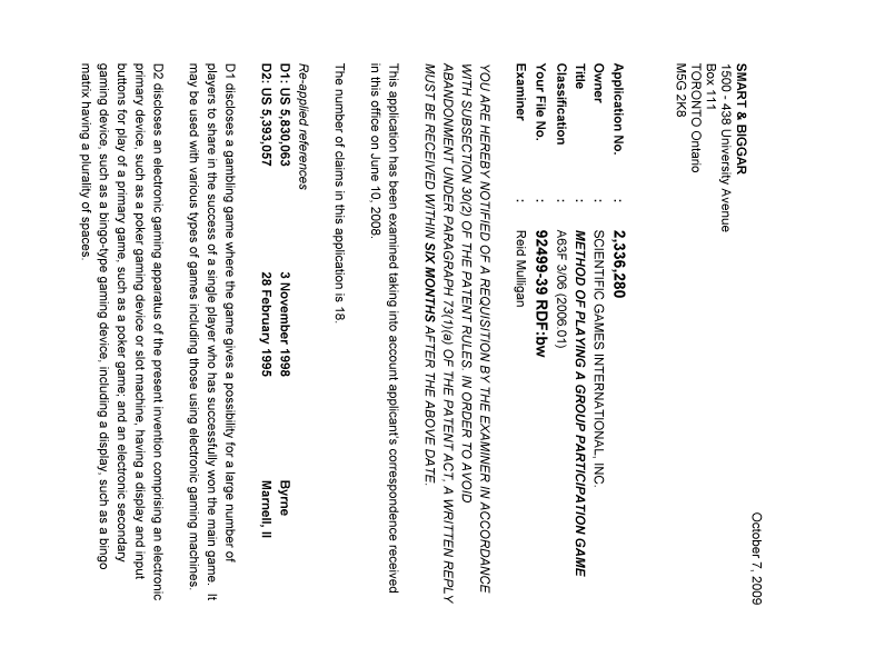Document de brevet canadien 2336280. Poursuite-Amendment 20091007. Image 1 de 6