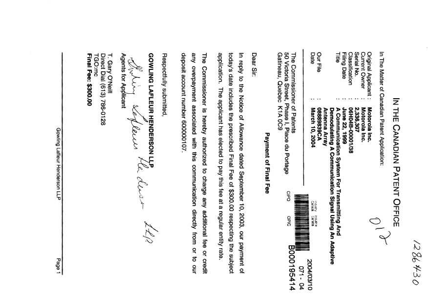 Document de brevet canadien 2336307. Correspondance 20040310. Image 1 de 1