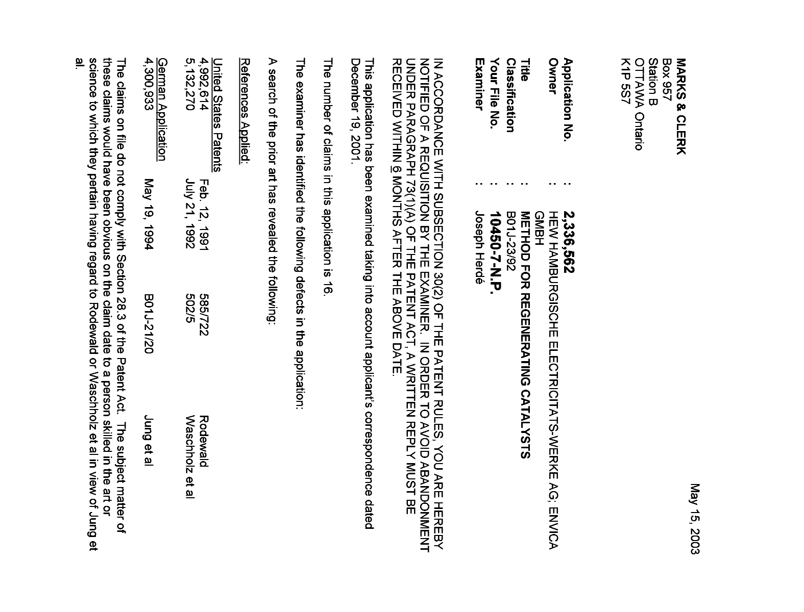 Canadian Patent Document 2336562. Prosecution-Amendment 20030515. Image 1 of 2