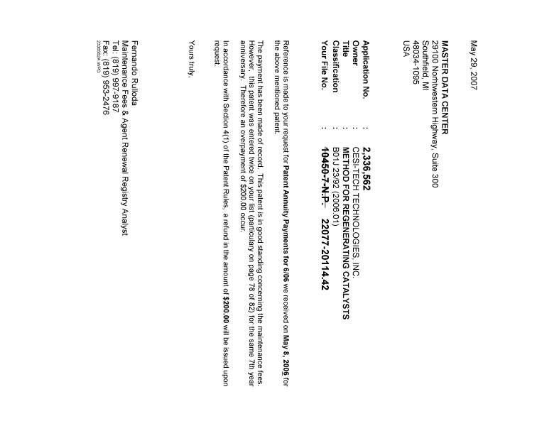 Document de brevet canadien 2336562. Correspondance 20070529. Image 1 de 1