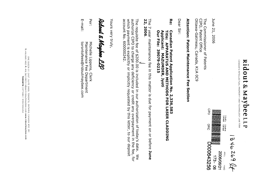 Document de brevet canadien 2336583. Taxes 20060621. Image 1 de 1