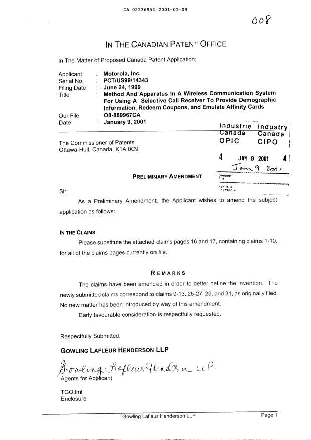 Document de brevet canadien 2336954. Poursuite-Amendment 20010109. Image 1 de 3