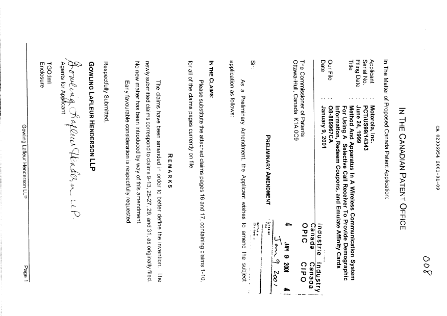 Document de brevet canadien 2336954. Poursuite-Amendment 20010109. Image 1 de 3