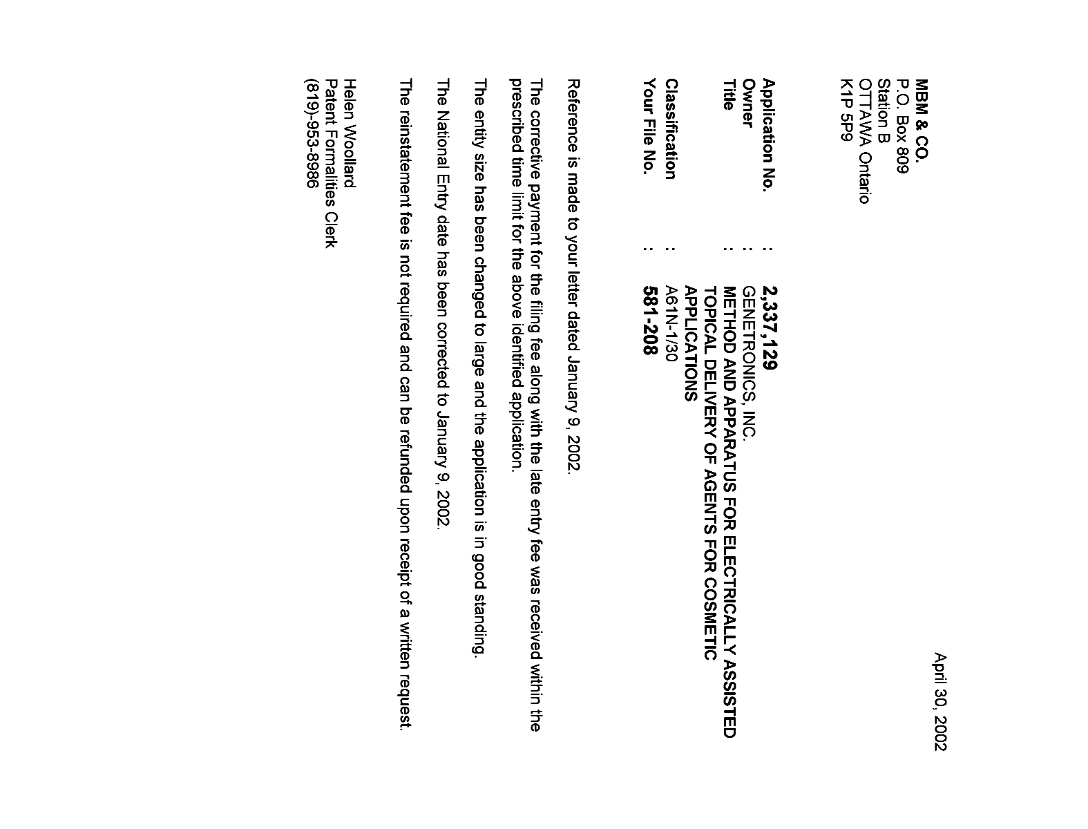 Canadian Patent Document 2337129. Correspondence 20020425. Image 1 of 1