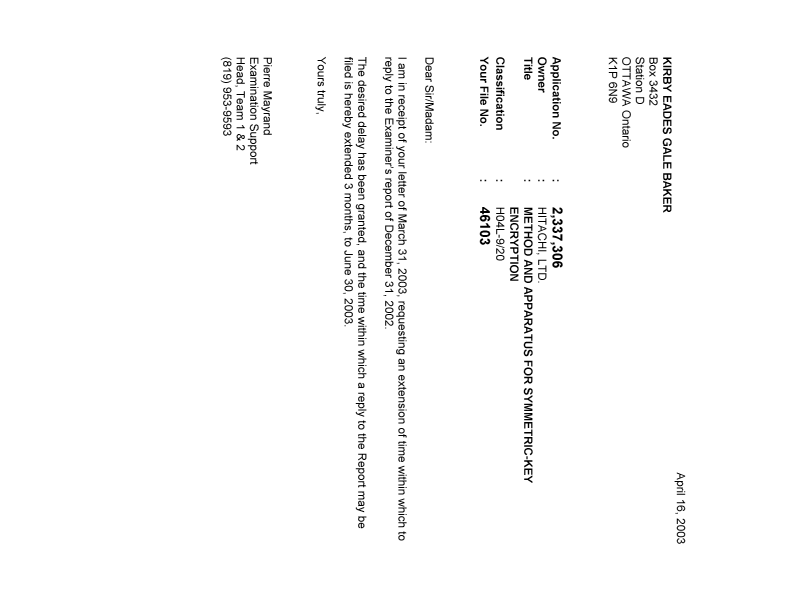 Document de brevet canadien 2337306. Correspondance 20030416. Image 1 de 1