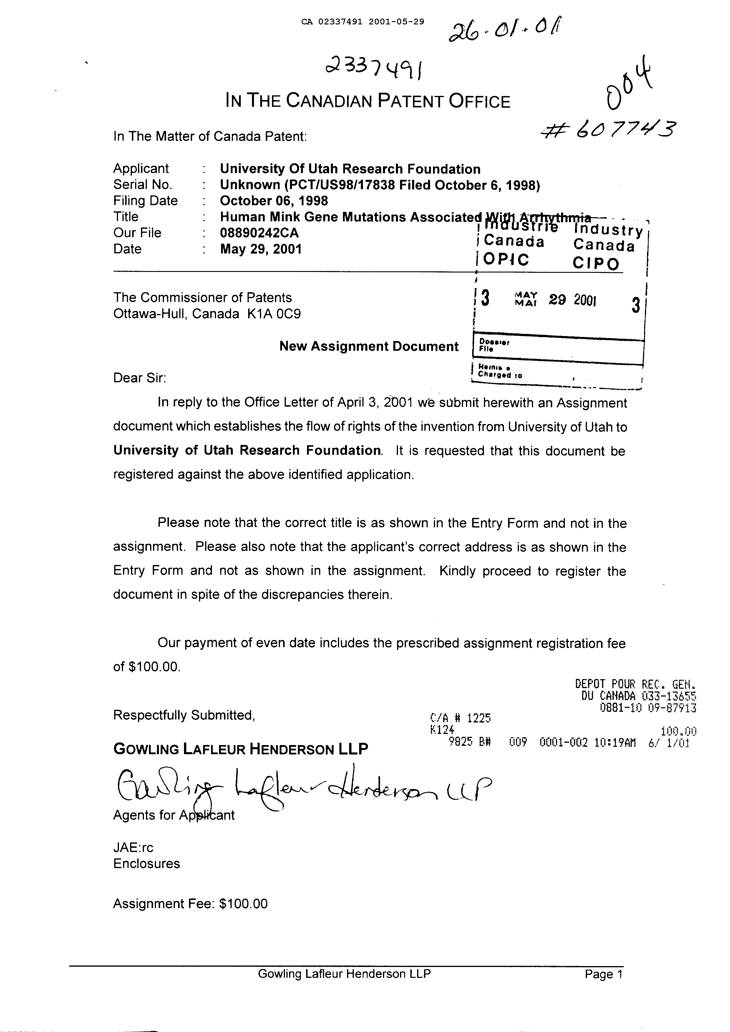 Canadian Patent Document 2337491. Assignment 20001229. Image 1 of 4