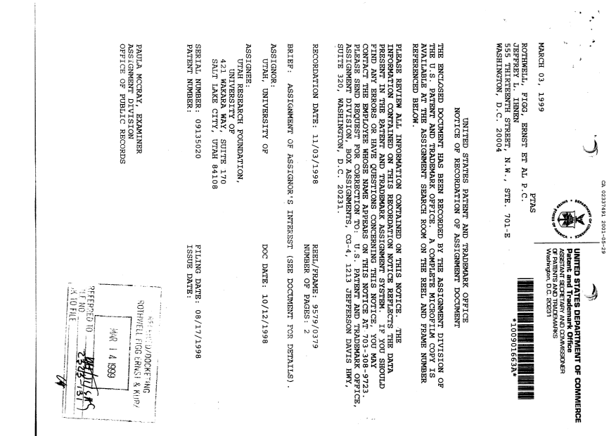 Document de brevet canadien 2337491. Cession 20001229. Image 2 de 4