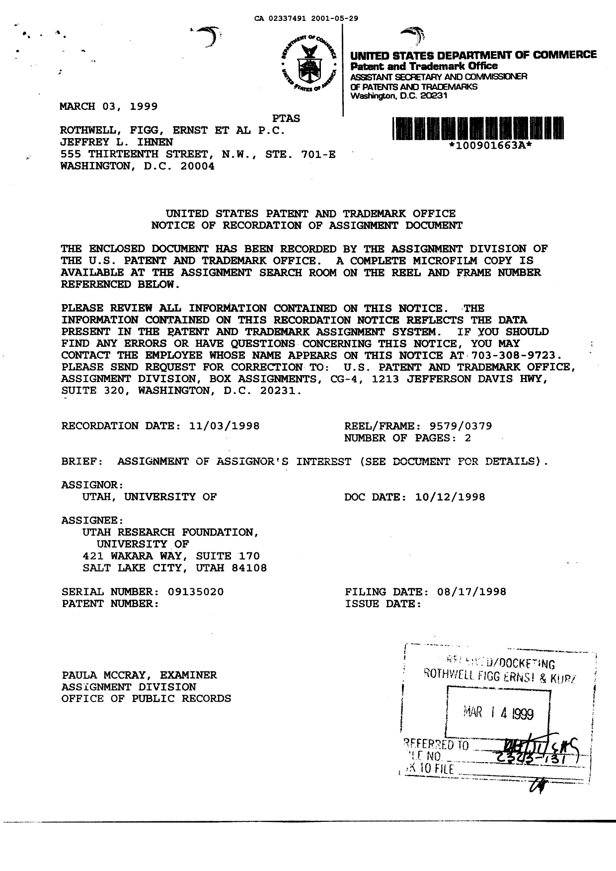 Document de brevet canadien 2337491. Cession 20001229. Image 2 de 4