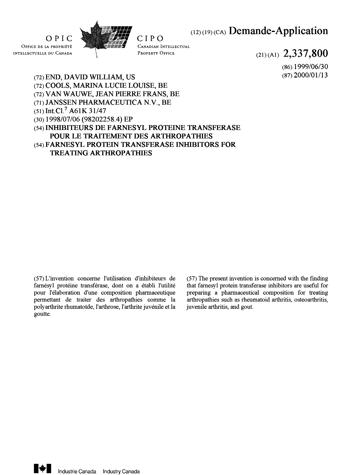 Document de brevet canadien 2337800. Page couverture 20010418. Image 1 de 1