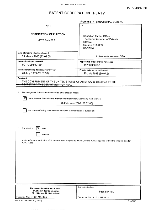 Document de brevet canadien 2337900. PCT 20010117. Image 2 de 11