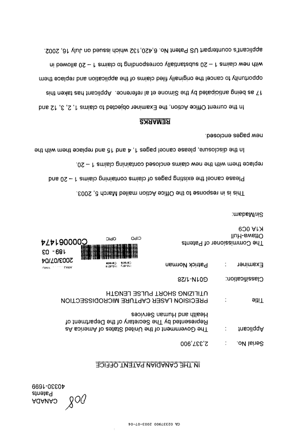 Canadian Patent Document 2337900. Prosecution-Amendment 20030704. Image 1 of 16