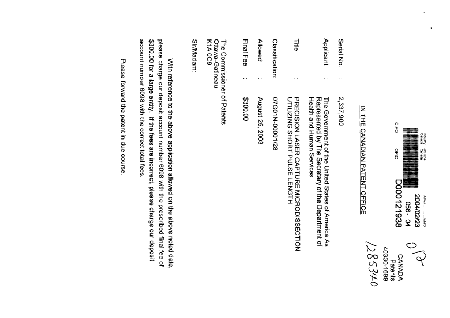 Document de brevet canadien 2337900. Correspondance 20040223. Image 1 de 2