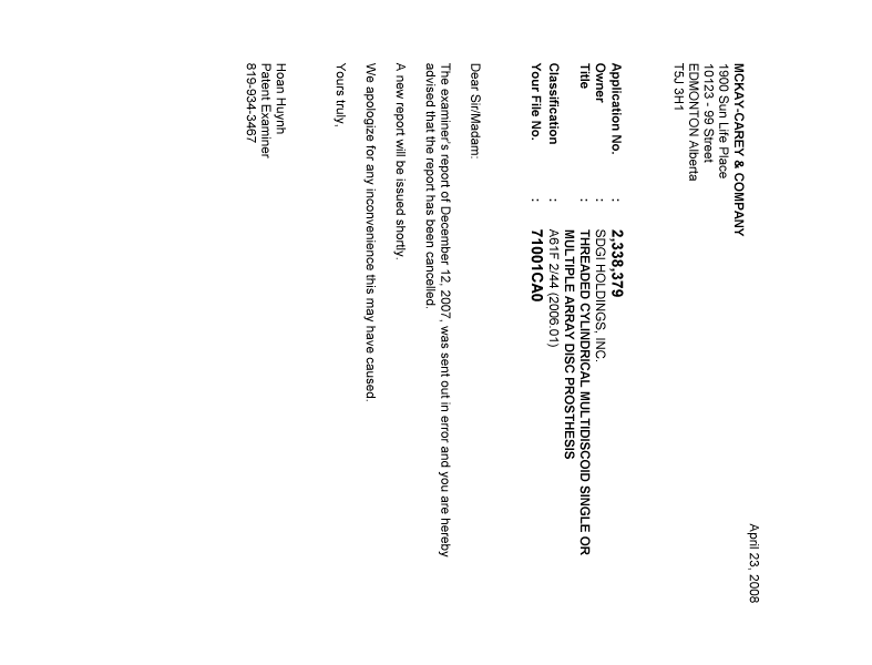 Document de brevet canadien 2338379. Correspondance 20080423. Image 1 de 1