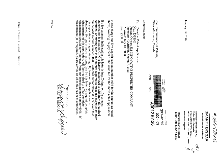 Document de brevet canadien 2338601. Correspondance 20090119. Image 1 de 1