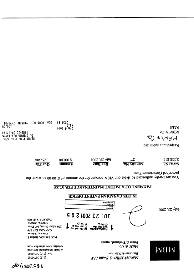 Document de brevet canadien 2338813. Taxes 20010723. Image 1 de 1