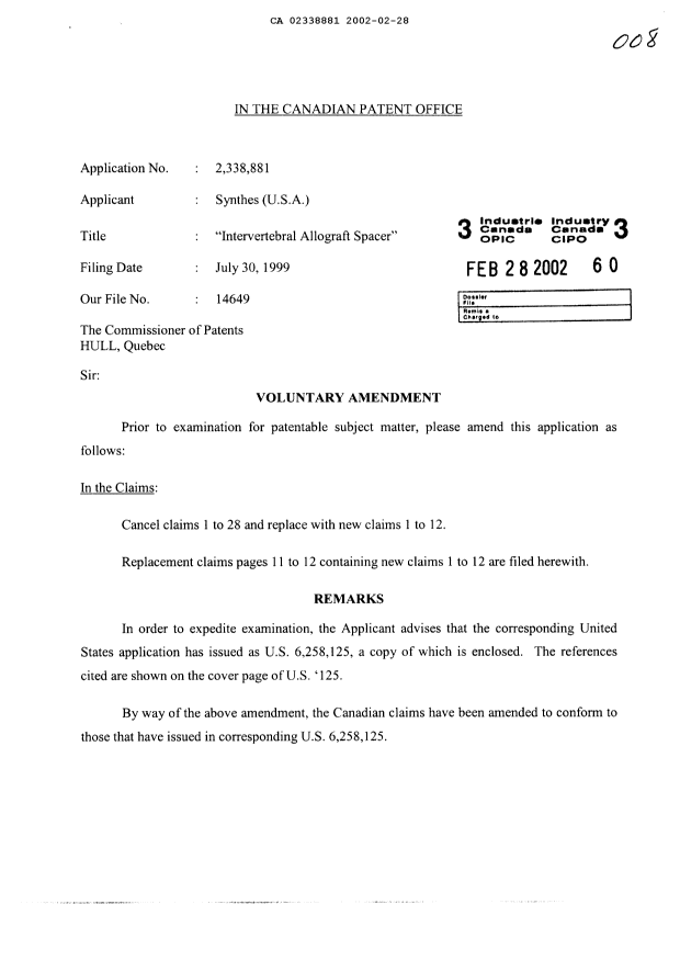 Document de brevet canadien 2338881. Poursuite-Amendment 20020228. Image 1 de 4