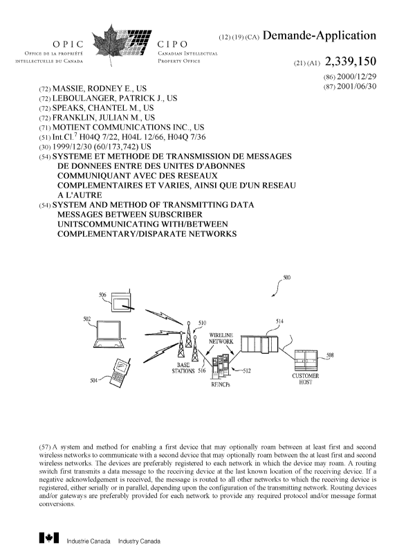 Canadian Patent Document 2339150. Cover Page 20010629. Image 1 of 1