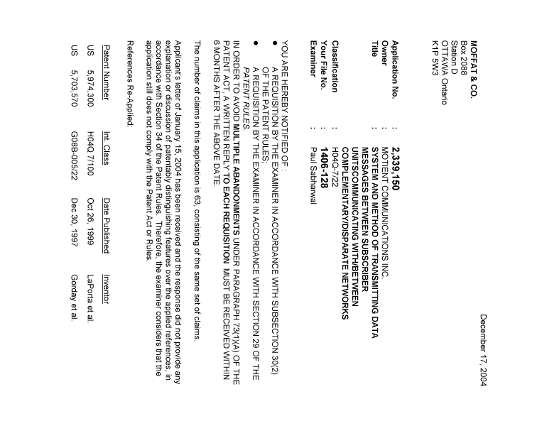 Canadian Patent Document 2339150. Prosecution-Amendment 20041217. Image 1 of 3