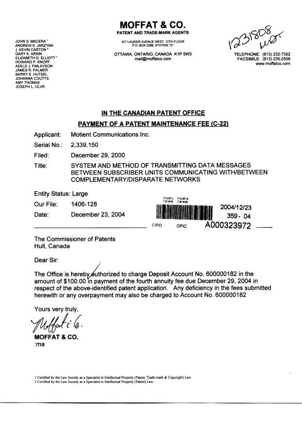 Document de brevet canadien 2339150. Taxes 20041223. Image 1 de 1