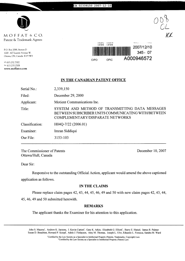 Document de brevet canadien 2339150. Poursuite-Amendment 20071210. Image 1 de 9